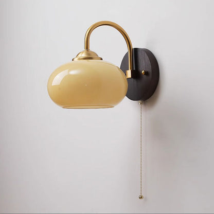 Chinese Curved Glass Ash Wood Iron 1-Light Wall Sconce Lamp