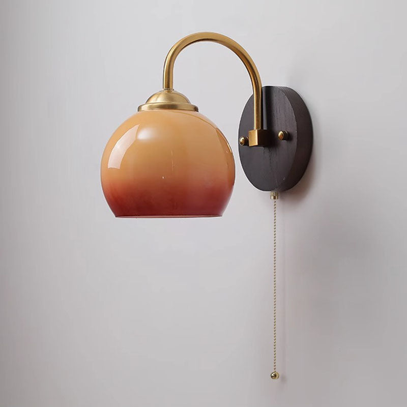 Chinese Curved Glass Ash Wood Iron 1-Light Wall Sconce Lamp