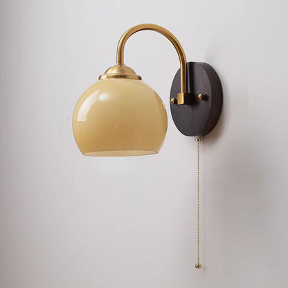 Chinese Curved Glass Ash Wood Iron 1-Light Wall Sconce Lamp