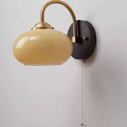 Chinese Curved Glass Ash Wood Iron 1-Light Wall Sconce Lamp