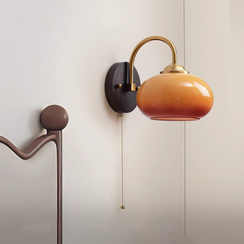 Chinese Curved Glass Ash Wood Iron 1-Light Wall Sconce Lamp