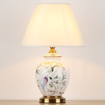 Traditional Chinese Patterned Bird Scalloped Round Fabric Ceramic 1-Light Table Lamp For Living Room