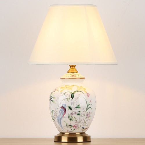 Traditional Chinese Patterned Bird Scalloped Round Fabric Ceramic 1-Light Table Lamp For Living Room