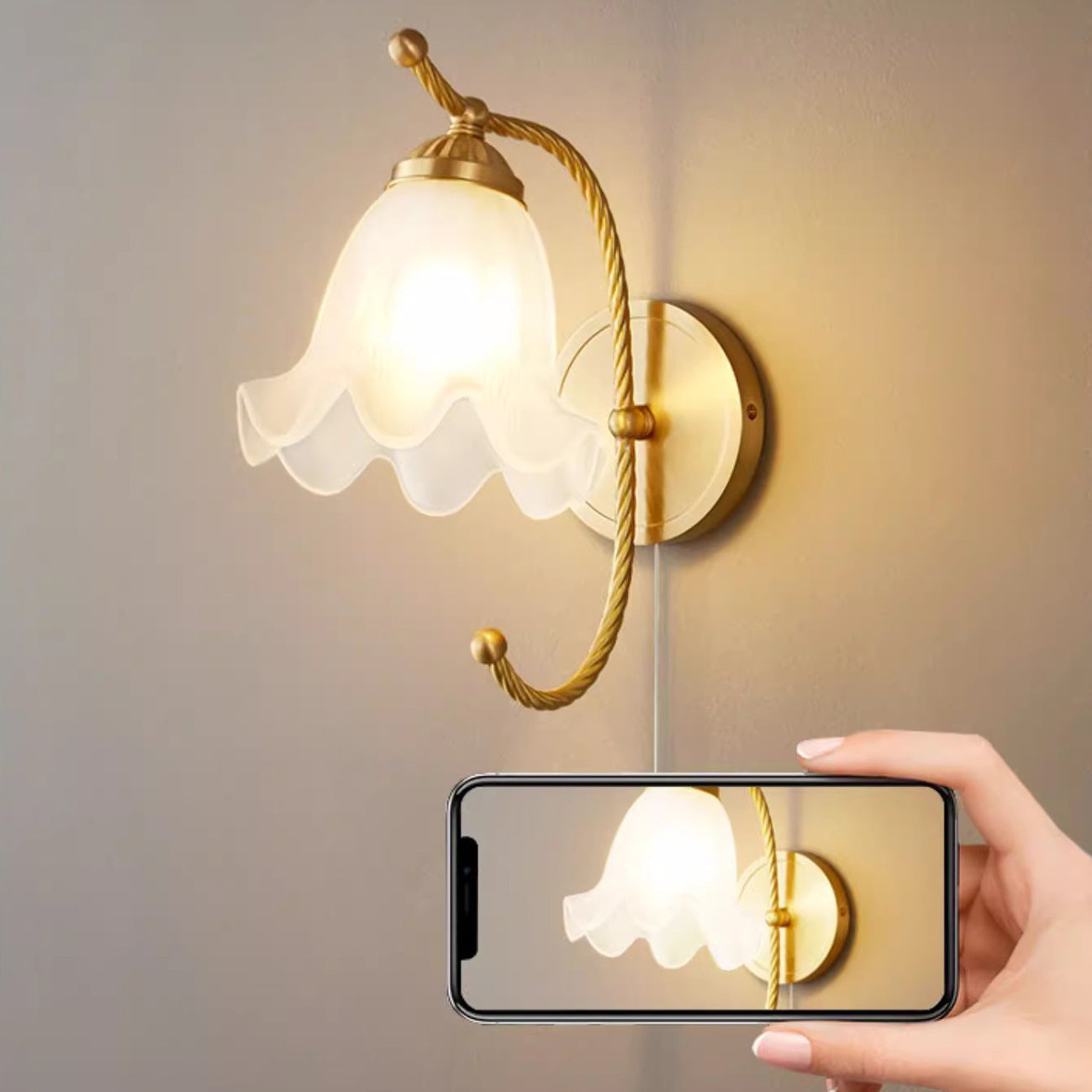 French Floral Round Glass Copper 1-Light Wall Sconce Lamp