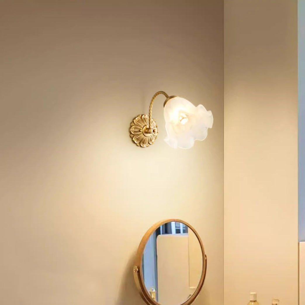 French Floral Round Glass Copper 1-Light Wall Sconce Lamp