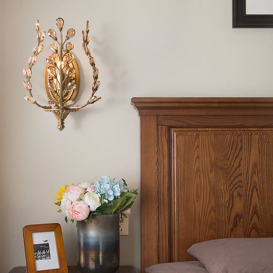 Branch Leaf Oval Crystal Iron 1-Light Wall Sconce Lamp