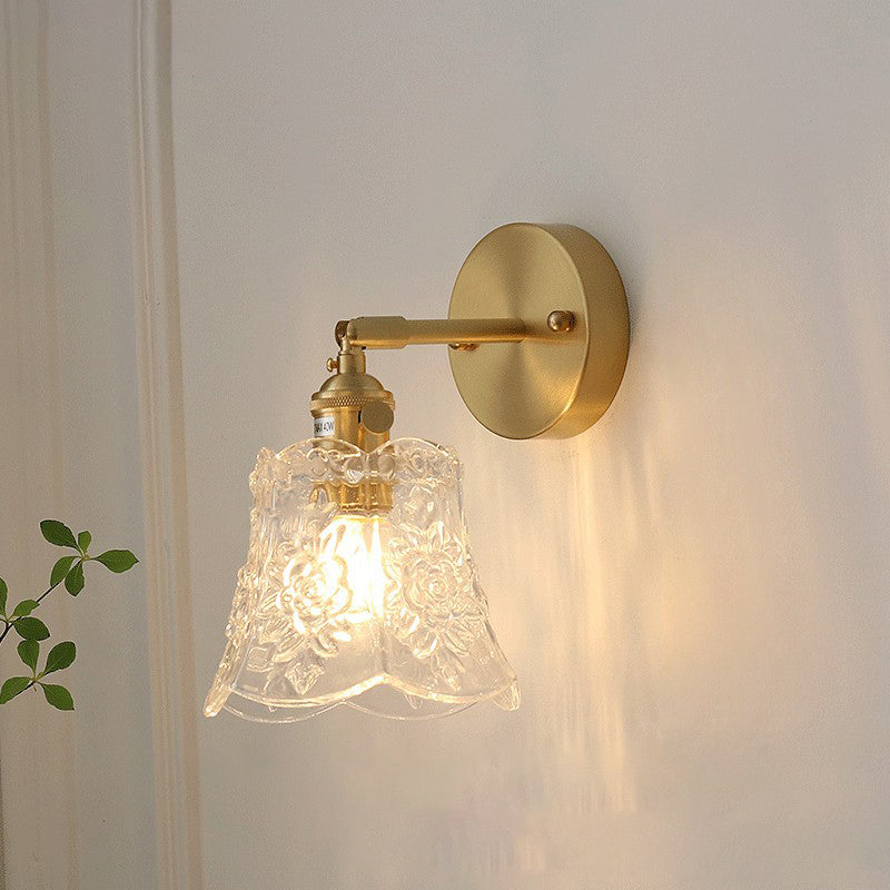Carved Cone Flower Glass Iron 1-Light Wall Sconce Lamp