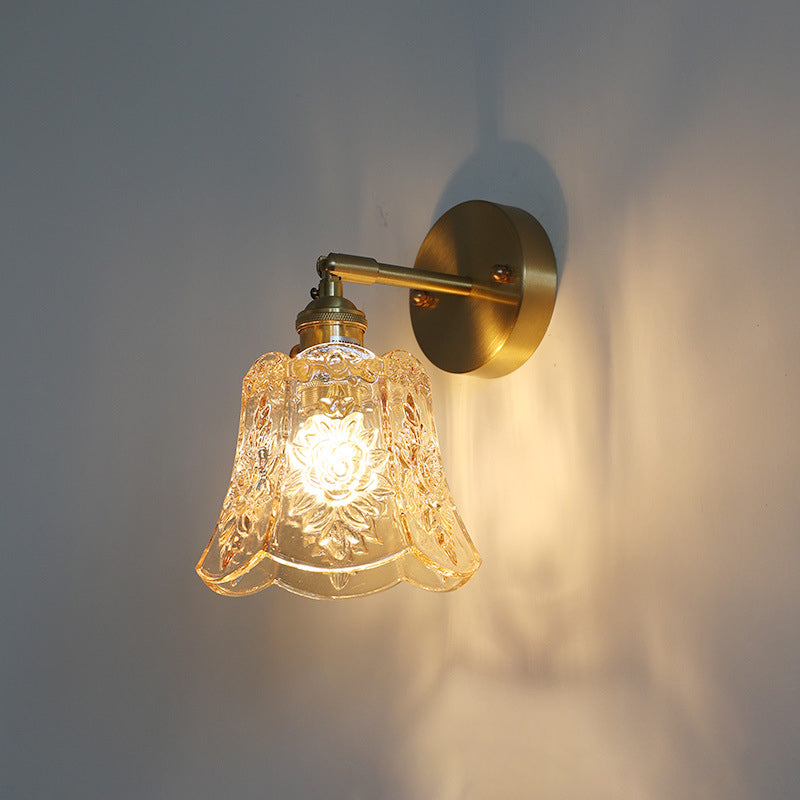 Carved Cone Flower Glass Iron 1-Light Wall Sconce Lamp