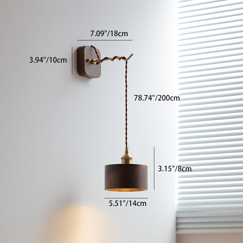 Japanese Bowl Cone Wood Brass 1-Light Wall Sconce Lamp