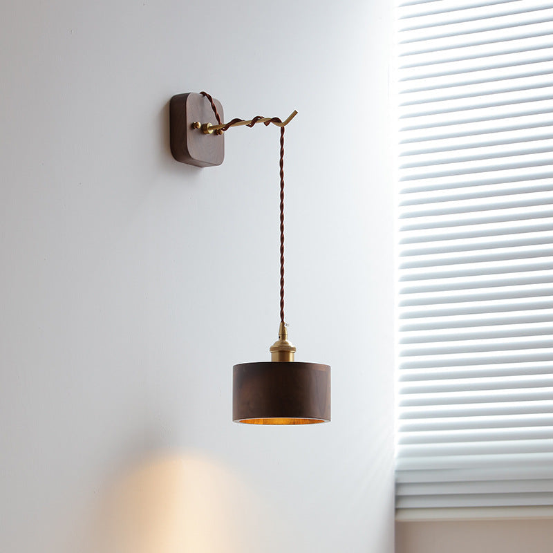 Japanese Bowl Cone Wood Brass 1-Light Wall Sconce Lamp