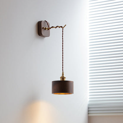 Japanese Bowl Cone Wood Brass 1-Light Wall Sconce Lamp