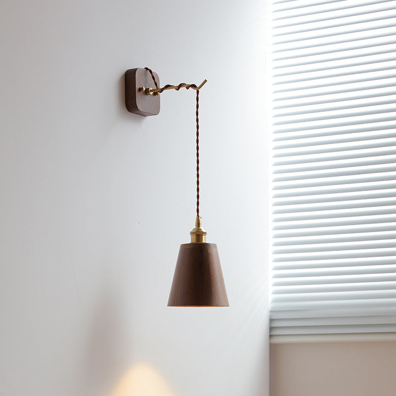 Japanese Bowl Cone Wood Brass 1-Light Wall Sconce Lamp