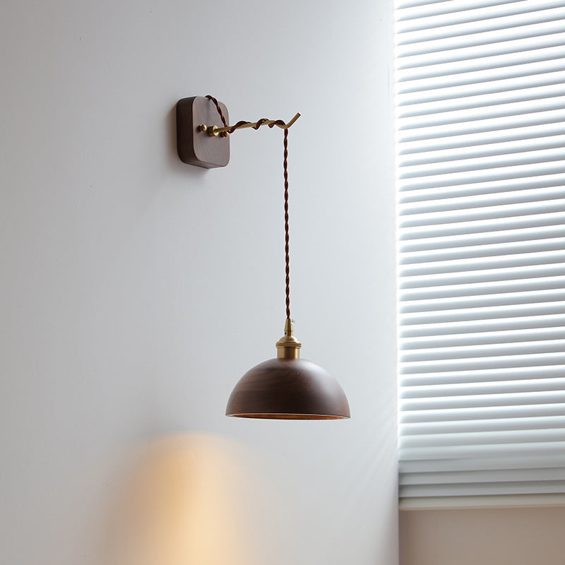 Japanese Bowl Cone Wood Brass 1-Light Wall Sconce Lamp