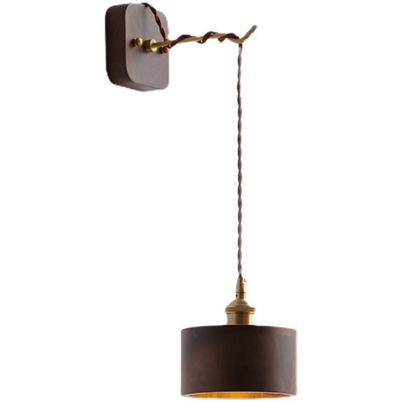 Japanese Bowl Cone Wood Brass 1-Light Wall Sconce Lamp