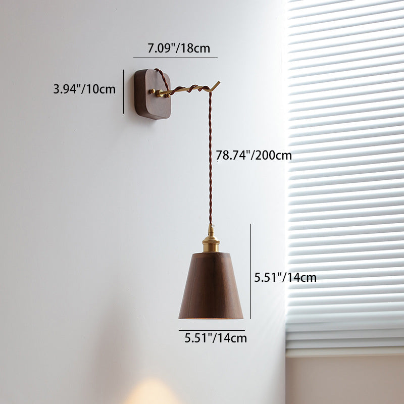 Japanese Bowl Cone Wood Brass 1-Light Wall Sconce Lamp