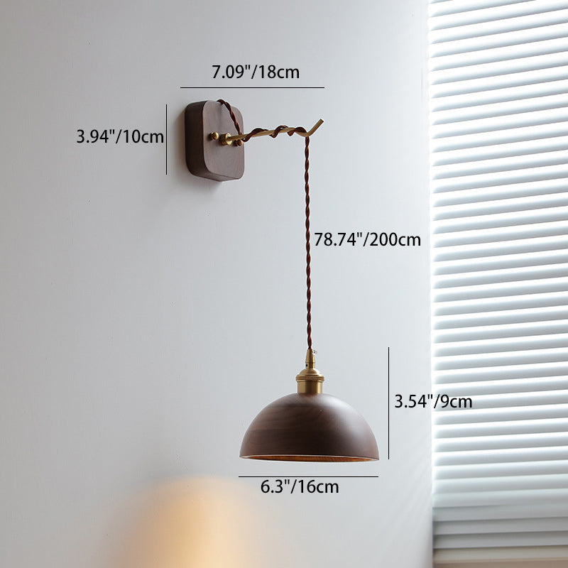 Japanese Bowl Cone Wood Brass 1-Light Wall Sconce Lamp