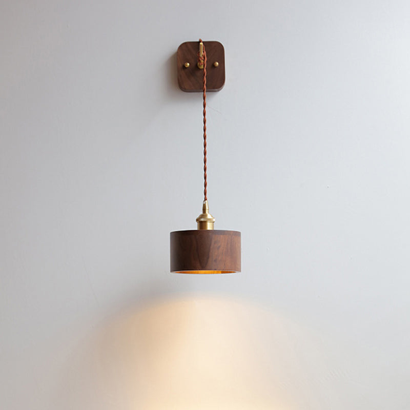 Japanese Bowl Cone Wood Brass 1-Light Wall Sconce Lamp