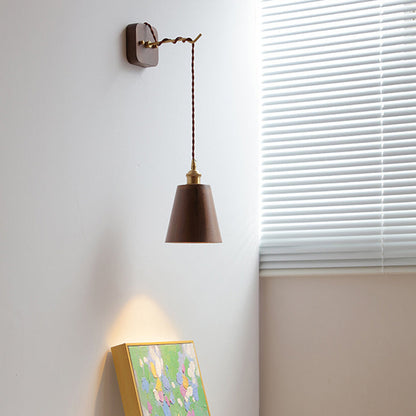 Japanese Bowl Cone Wood Brass 1-Light Wall Sconce Lamp