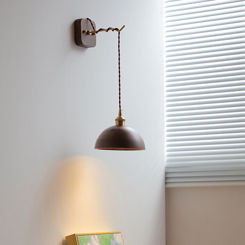 Japanese Bowl Cone Wood Brass 1-Light Wall Sconce Lamp