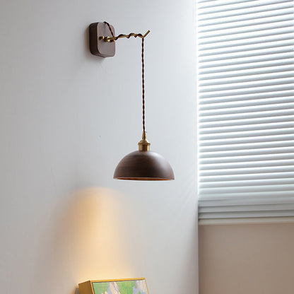 Japanese Bowl Cone Wood Brass 1-Light Wall Sconce Lamp