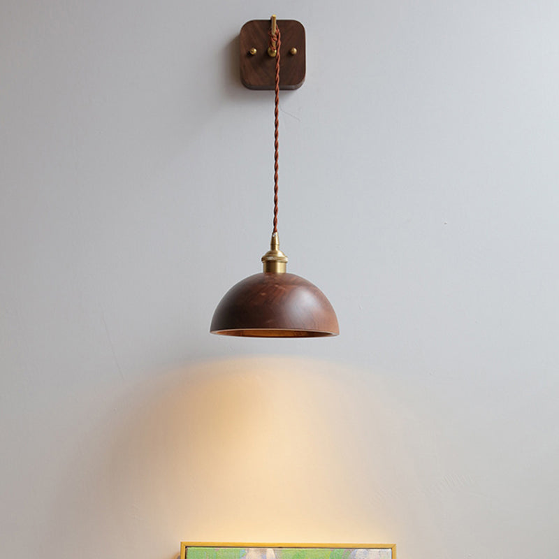 Japanese Bowl Cone Wood Brass 1-Light Wall Sconce Lamp