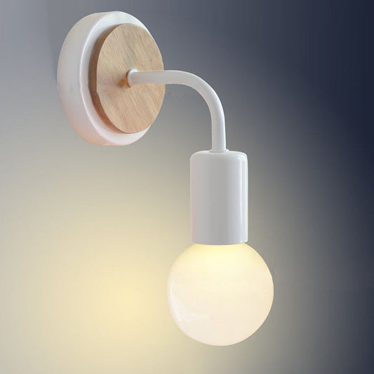Round Curved Column Wood Iron 1-Light Wall Sconce Lamp
