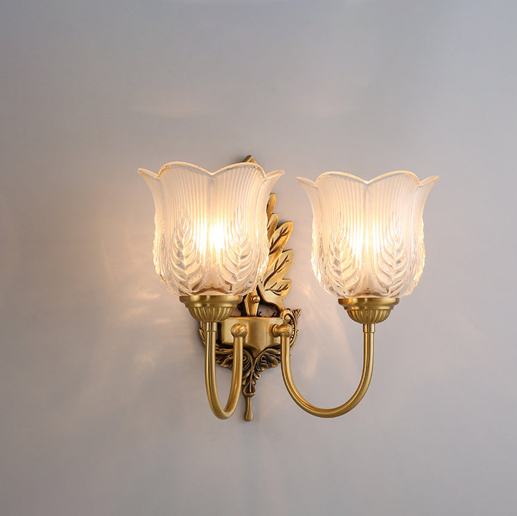 Round Leaf Floral Glass Copper 1/2 Light Wall Sconce Lamp