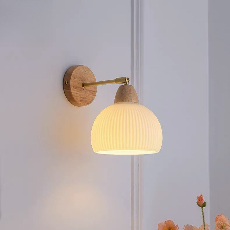 Japanese Cream Glass Wood Brass 1-Light Wall Sconce Lamp