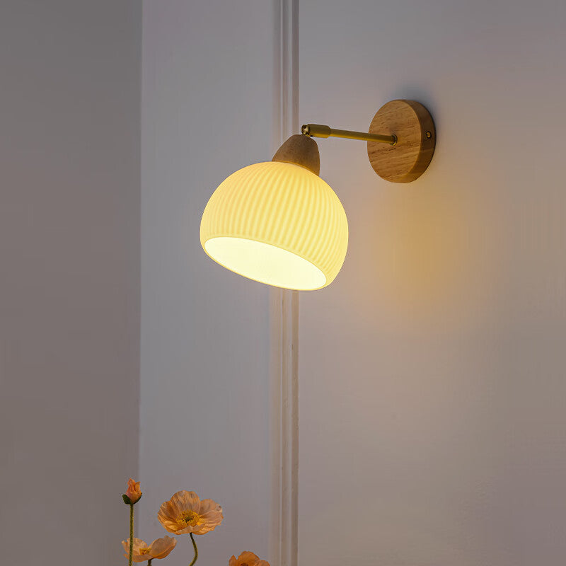 Japanese Cream Glass Wood Brass 1-Light Wall Sconce Lamp