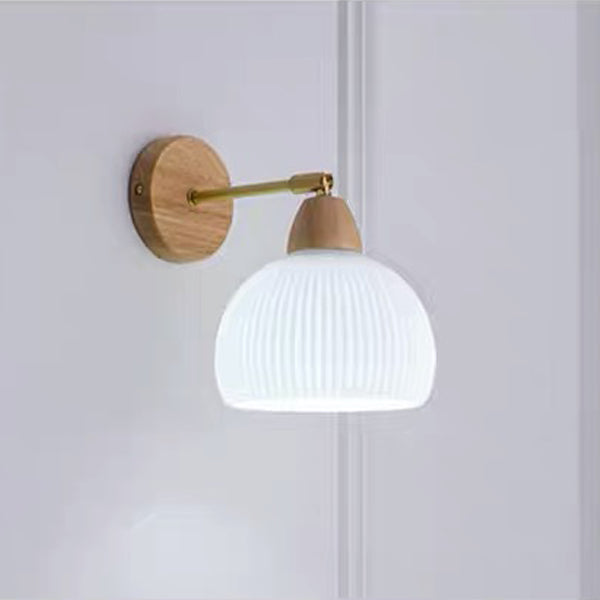Japanese Cream Glass Wood Brass 1-Light Wall Sconce Lamp