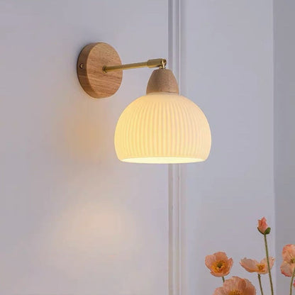 Japanese Cream Glass Wood Brass 1-Light Wall Sconce Lamp