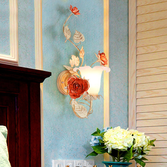 Rose Leaf Round Glass Iron 1-Light Wall Sconce Lamp