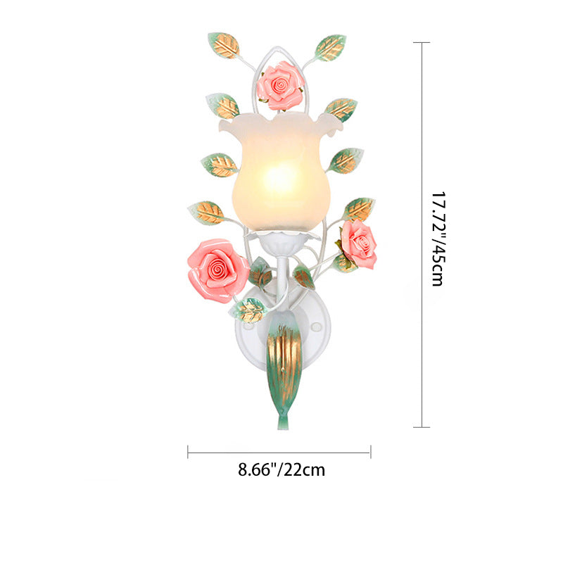 Floral Round Glass Ceramic Iron 1/2 Light Wall Sconce Lamp