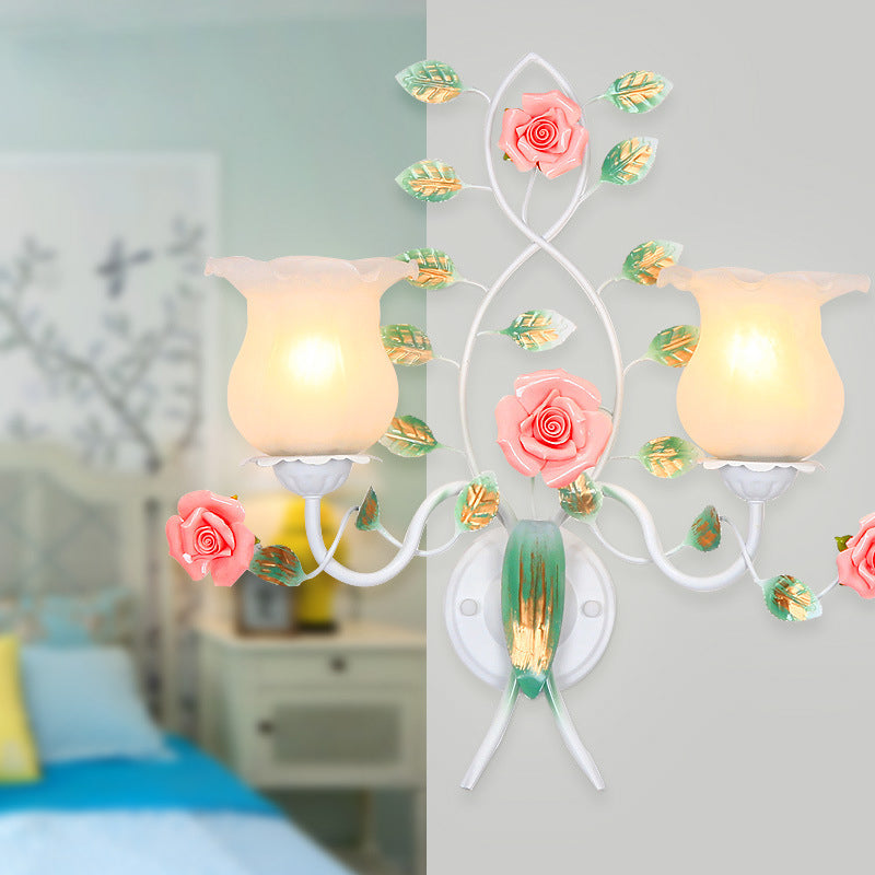 Floral Round Glass Ceramic Iron 1/2 Light Wall Sconce Lamp