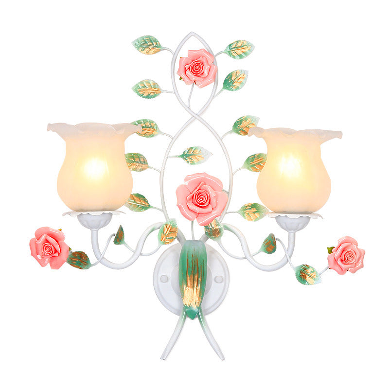 Floral Round Glass Ceramic Iron 1/2 Light Wall Sconce Lamp