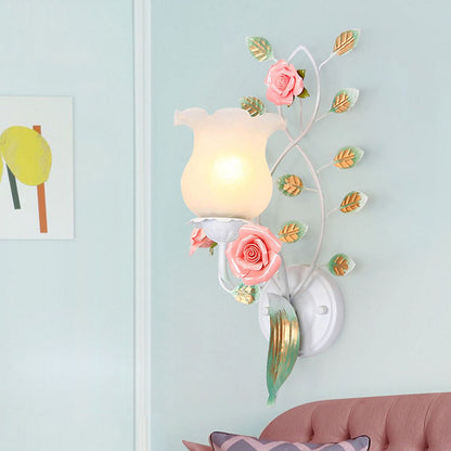 Floral Round Glass Ceramic Iron 1/2 Light Wall Sconce Lamp