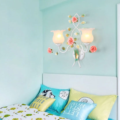 Floral Round Glass Ceramic Iron 1/2 Light Wall Sconce Lamp