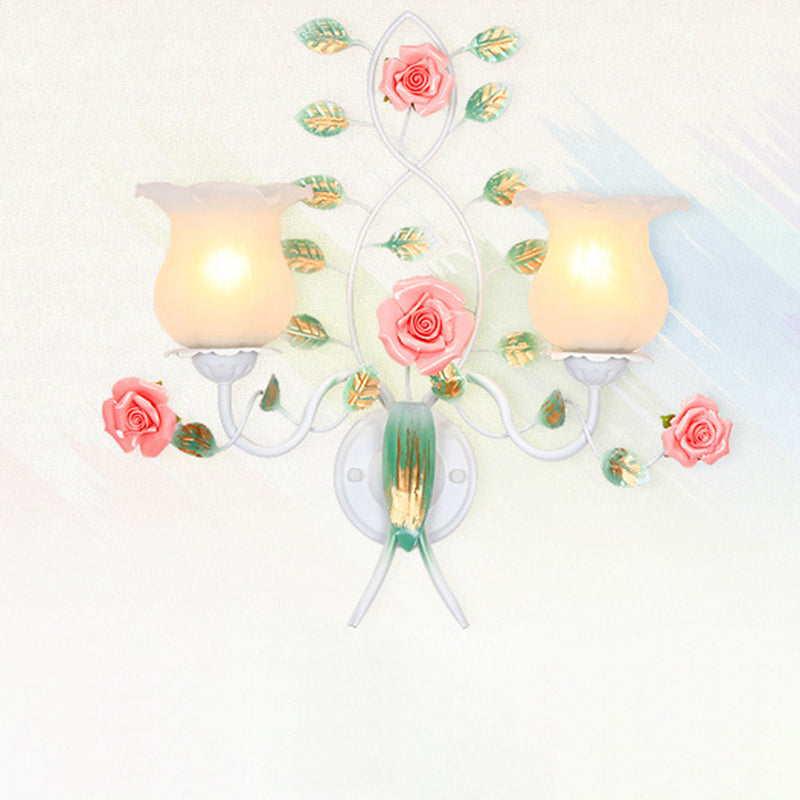 Floral Round Glass Ceramic Iron 1/2 Light Wall Sconce Lamp
