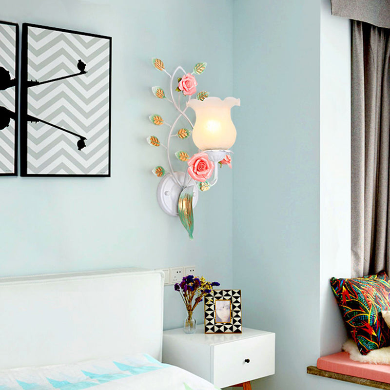 Floral Round Glass Ceramic Iron 1/2 Light Wall Sconce Lamp