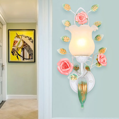 Floral Round Glass Ceramic Iron 1/2 Light Wall Sconce Lamp
