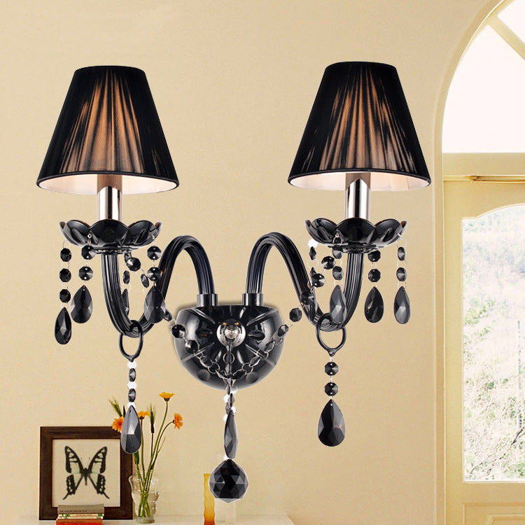 Candle Glass Fabric Crystal Iron 2-Light Wall Sconce Lamp