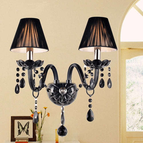 Candle Glass Fabric Crystal Iron 2-Light Wall Sconce Lamp