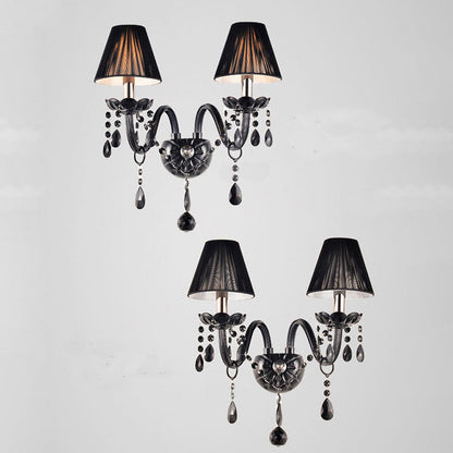 Candle Glass Fabric Crystal Iron 2-Light Wall Sconce Lamp