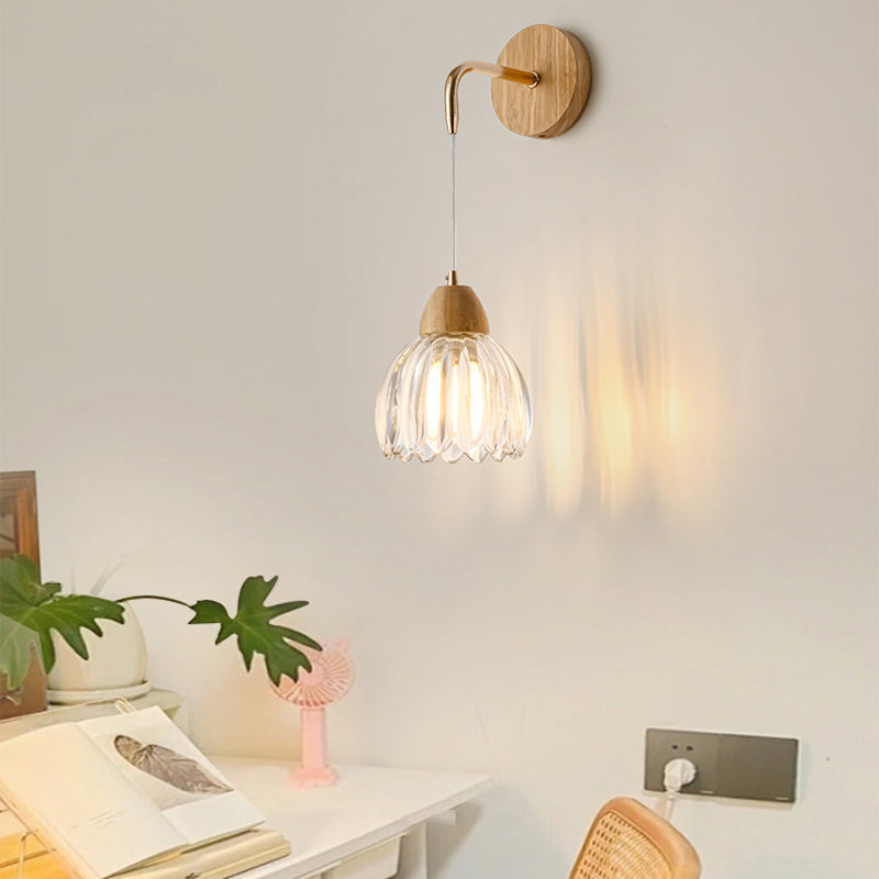 Scandinavian Curved Glass Wood 1-Light Wall Sconce Lamp