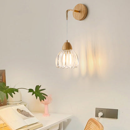 Scandinavian Curved Glass Wood 1-Light Wall Sconce Lamp