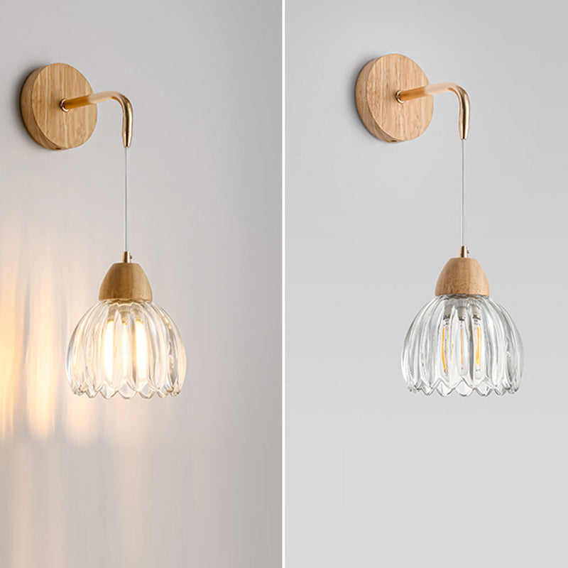 Scandinavian Curved Glass Wood 1-Light Wall Sconce Lamp