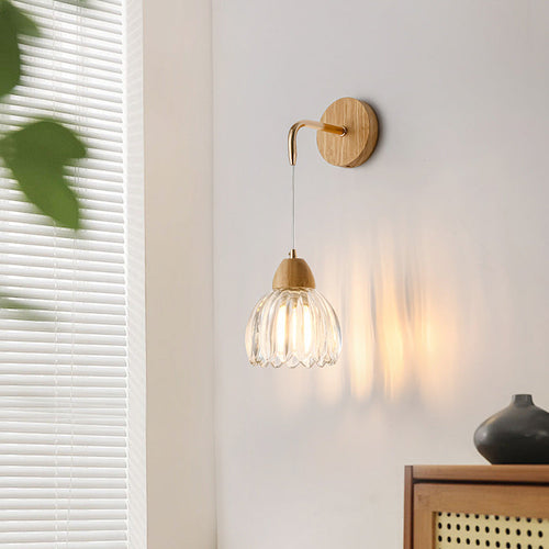 Scandinavian Curved Glass Wood 1-Light Wall Sconce Lamp