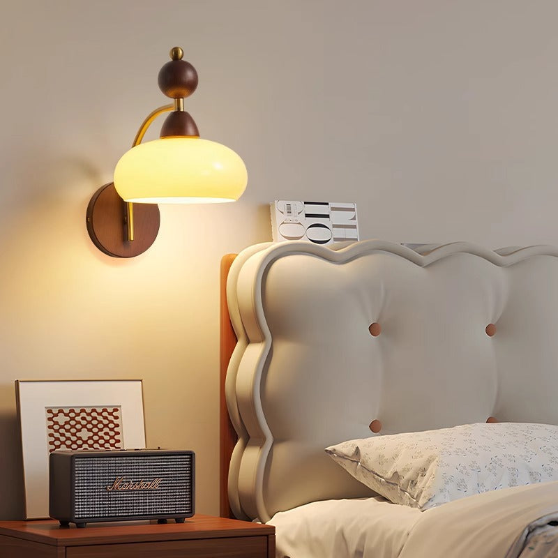 Round Glass Ash Wood Hardware 1-Light Wall Sconce Lamp