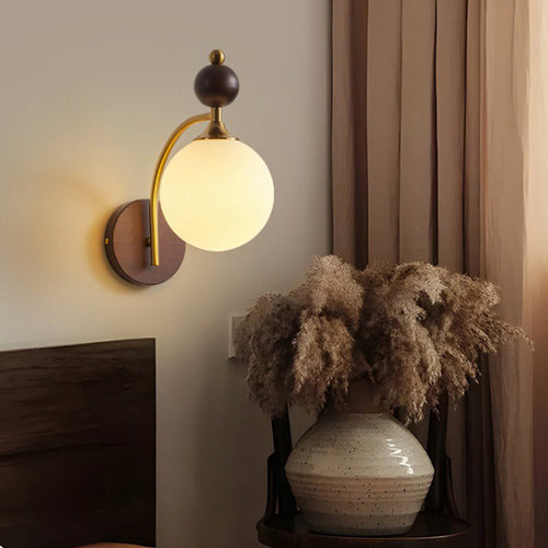 Round Glass Ash Wood Hardware 1-Light Wall Sconce Lamp