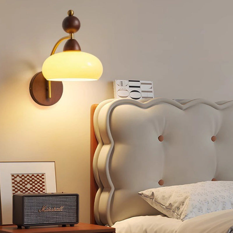 Round Glass Ash Wood Hardware 1-Light Wall Sconce Lamp